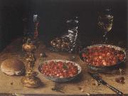 Museum national style life with cherries and strawberries in Chinese china shot els Osias Beert